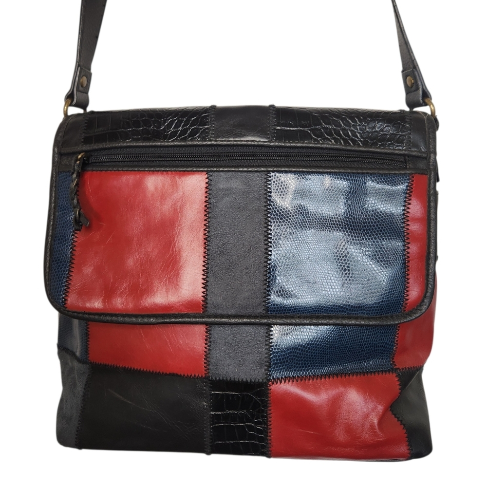 Patchwork Faux Leather Crossbody Bag Red Black Blue Y2K Retro Shoulder Bag